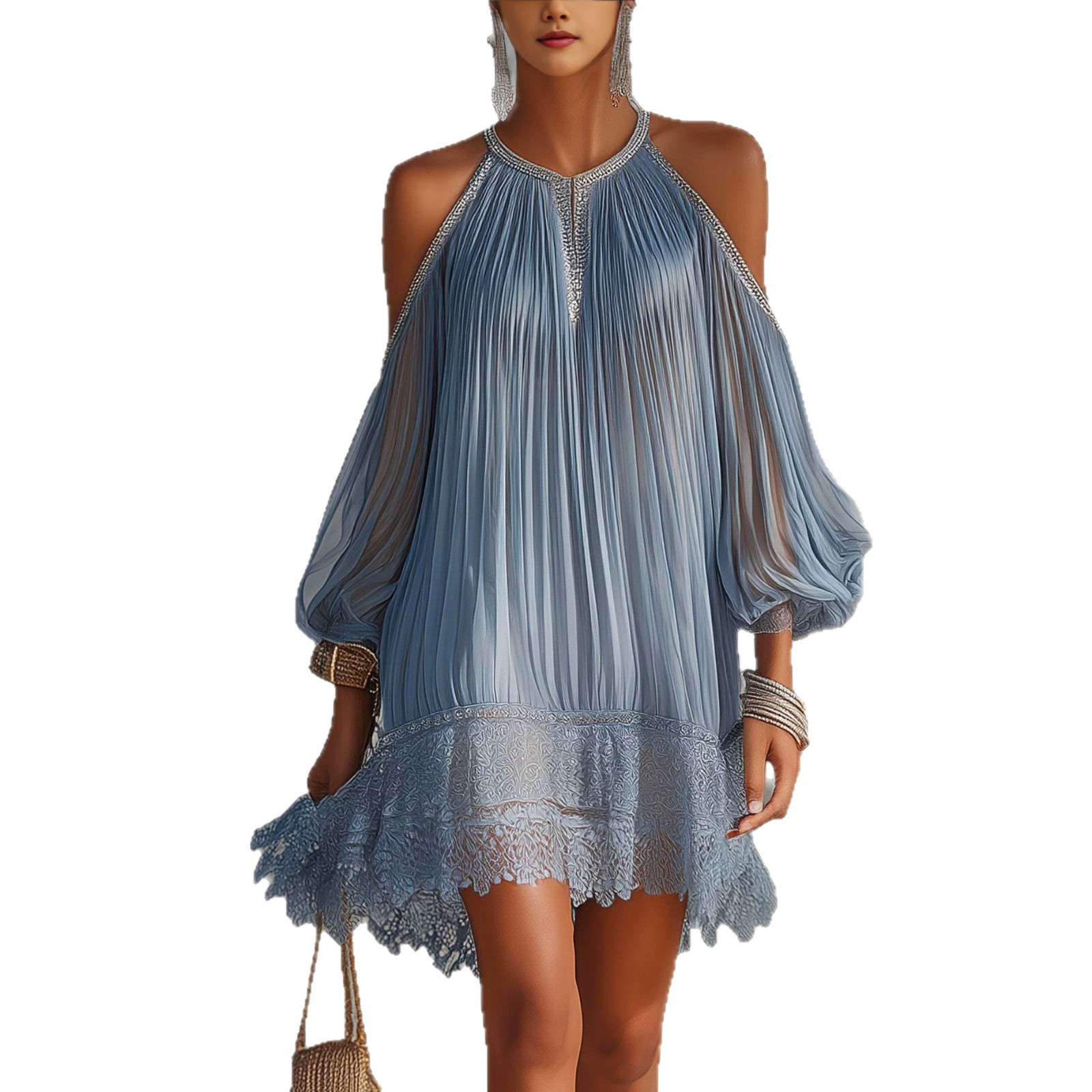 Lace-Trimmed Puff-Sleeve Mini Dress