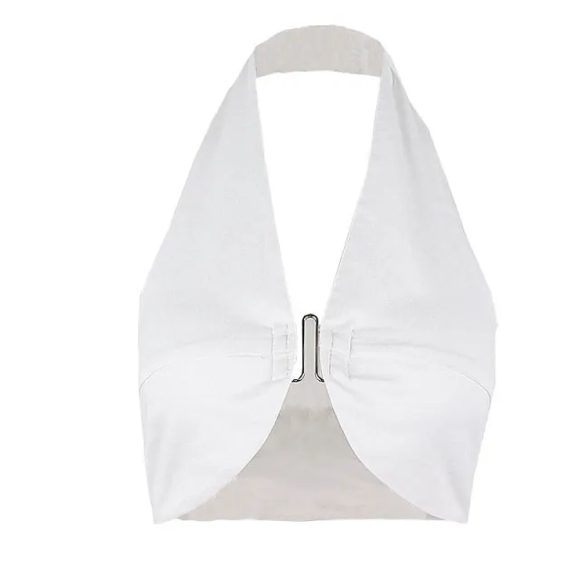 Women's V neck Design Sense Hooks Halterneck Vest White - Shop at LoveMi
