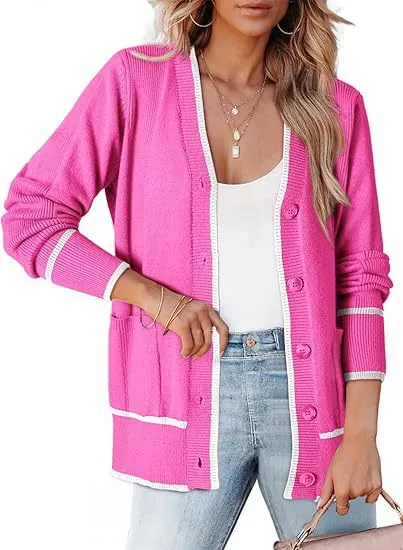 Women's Knitted Button Coat Color Matching Sweater Pink - Shop at LoveMi