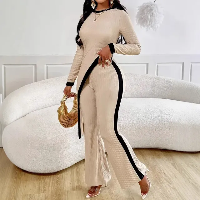 Women's Fashion Long Sleeve Side Slit T shirt Trousers Suit Beige - Shop at LoveMi