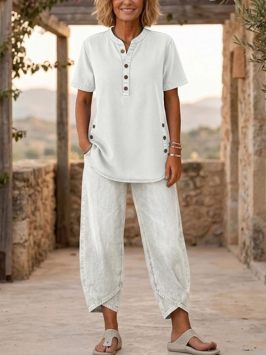 Women's lapel collar top and pants co-ord in Beige – vacation resort styling with sandals and gold jewelry