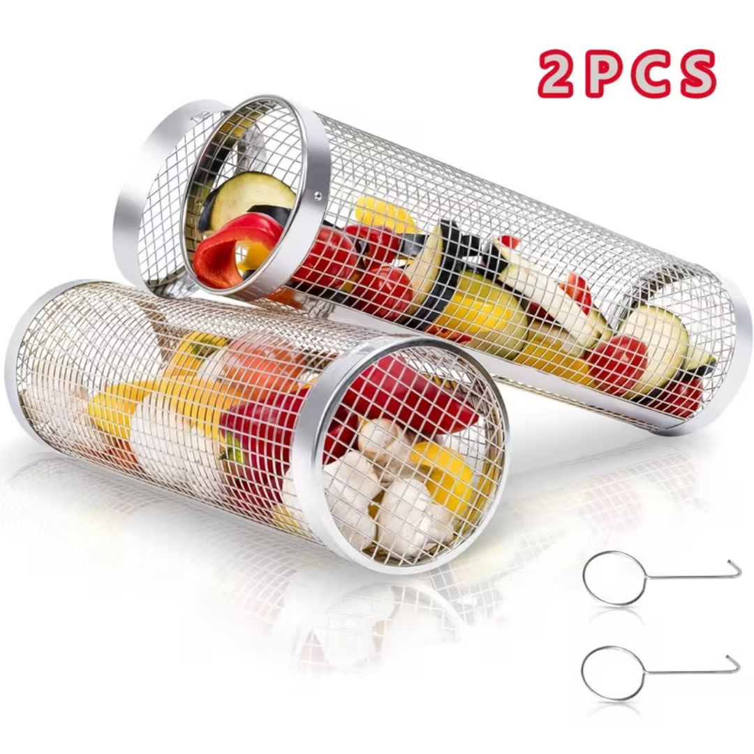2 extra large outdoor barbecue rolling barbecue baskets Bbq mesh stainless steel large round mesh rotating barbecue tube cages vegetables vegetables vegetables fish meat food picnic cooking accessorie 4