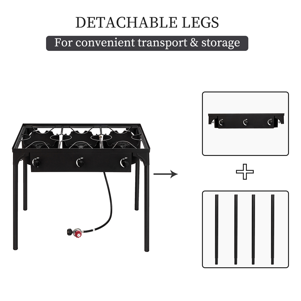 【Replace 15455210】Outdoor Camp Stove High Pressure Propane Gas Cooker Portable Cast Iron Patio Cooking Burner (Three Burner 225000-BTU) image 3