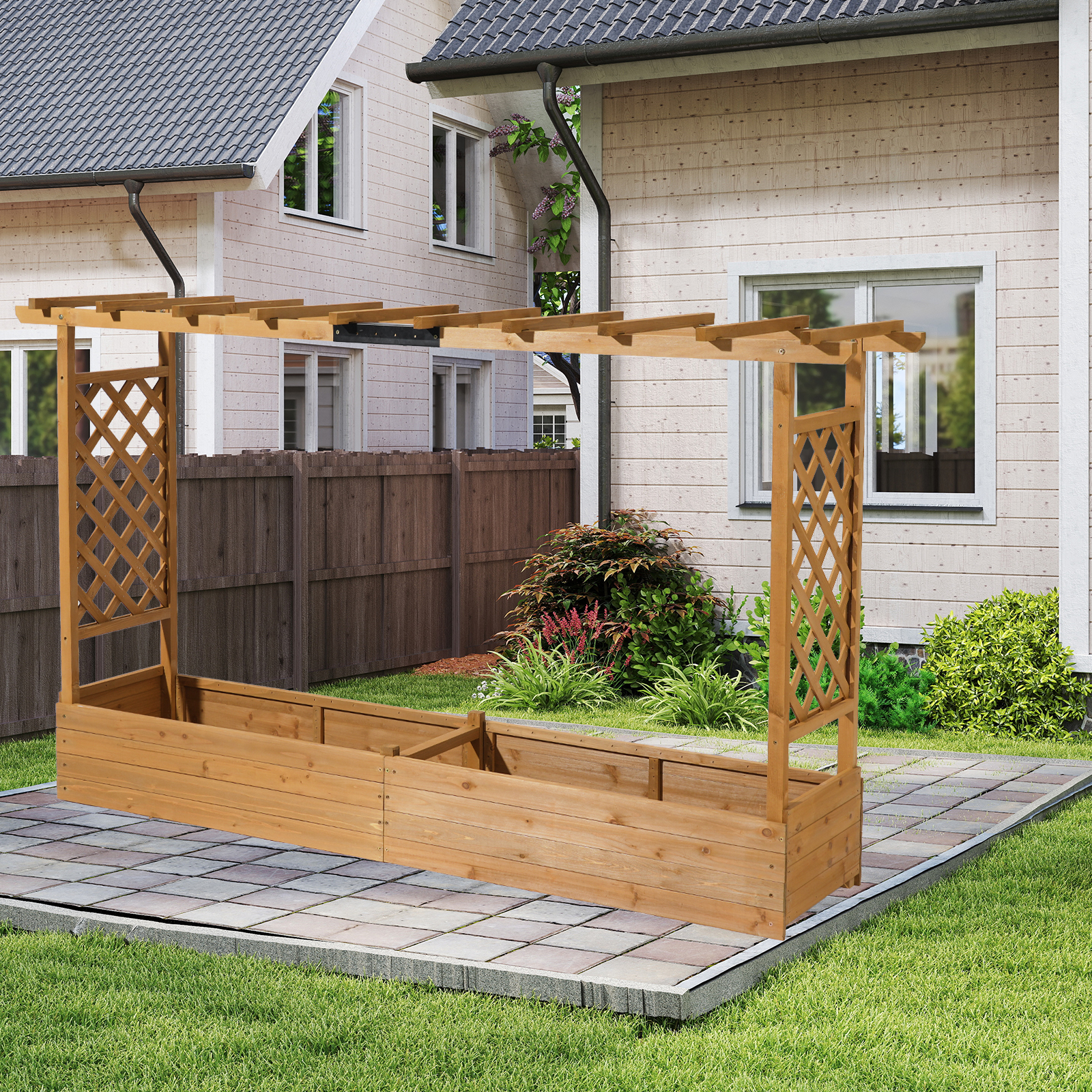 Raised Garden Bed with Trellis, Hanging Roof, Planter Box, Drainage Holes, Vertical Plant Container for Vine Climbing Pl