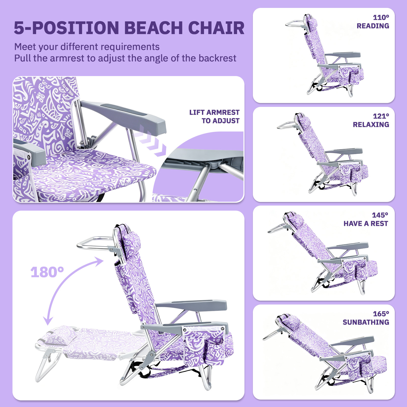 1 PCS Aluminum Beach Chair, 8.5 Inch Seat Height Purple Tribal Pattern, Adjustable Folding Chair with Headrest, Shoulder Strap, 2-in-1 Cup Holder Side Pocket, Back Cooler Bag, Integrated Oxford Fabric