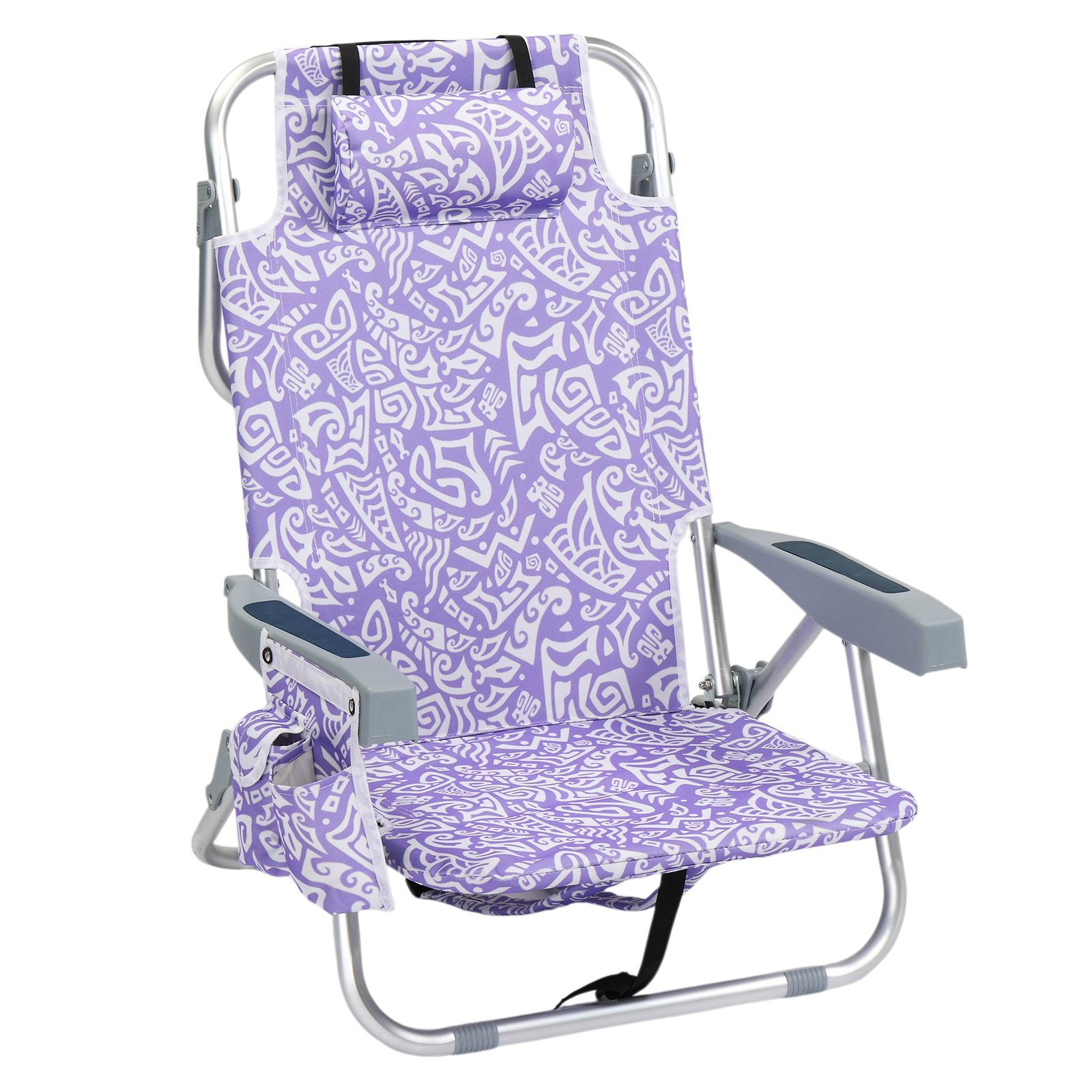 1 PCS Aluminum Beach Chair, 8.5 Inch Seat Height Purple Tribal Pattern, Adjustable Folding Chair with Headrest, Shoulder Strap, 2-in-1 Cup Holder Side Pocket, Back Cooler Bag, Integrated Oxford Fabric