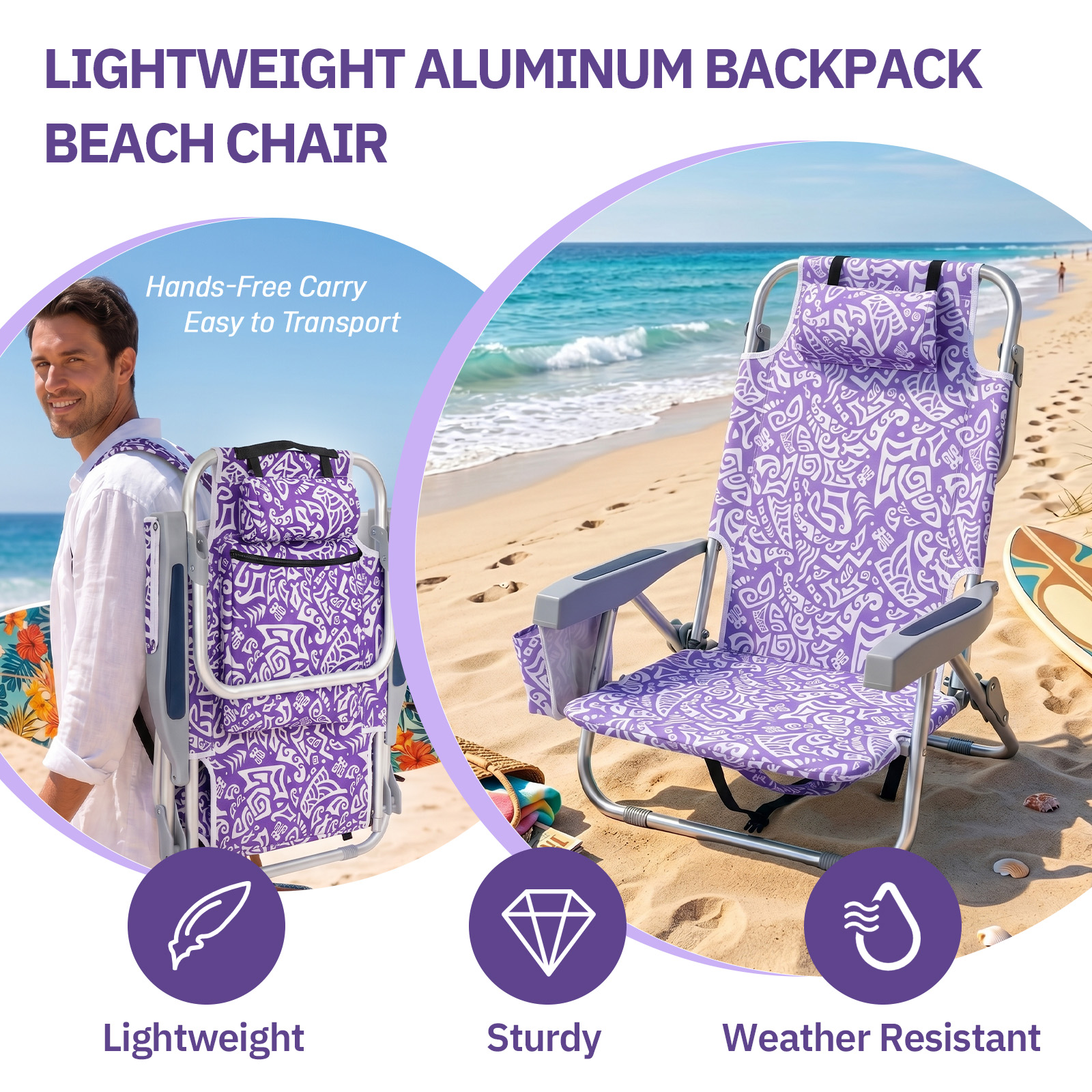 1 PCS Aluminum Beach Chair, 8.5 Inch Seat Height Purple Tribal Pattern, Adjustable Folding Chair with Headrest, Shoulder Strap, 2-in-1 Cup Holder Side Pocket, Back Cooler Bag, Integrated Oxford Fabric