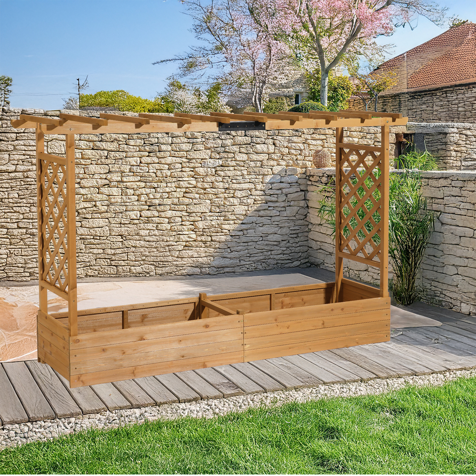 Raised Garden Bed with Trellis, Hanging Roof, Planter Box, Drainage Holes, Vertical Plant Container for Vine Climbing Pl