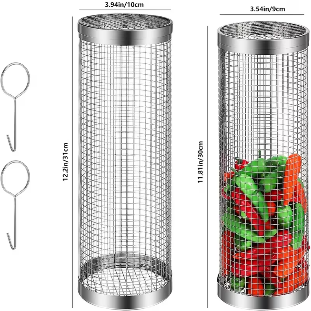 2 extra large outdoor barbecue rolling barbecue baskets Bbq mesh stainless steel large round mesh rotating barbecue tube cages vegetables vegetables vegetables fish meat food picnic cooking accessorie 8
