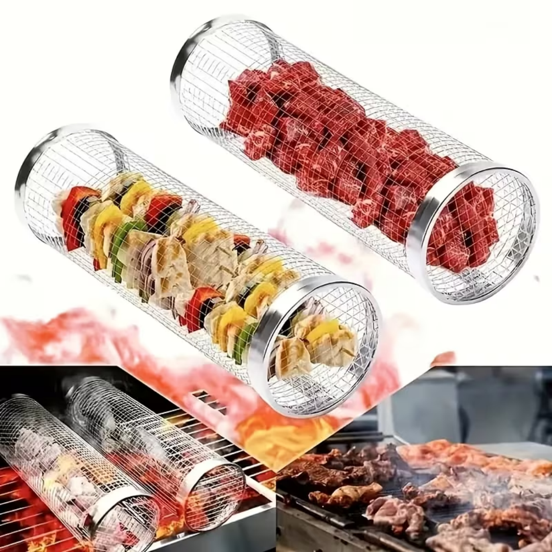 2 extra large outdoor barbecue rolling barbecue baskets Bbq mesh stainless steel large round mesh rotating barbecue tube cages vegetables vegetables vegetables fish meat food picnic cooking accessorie 7