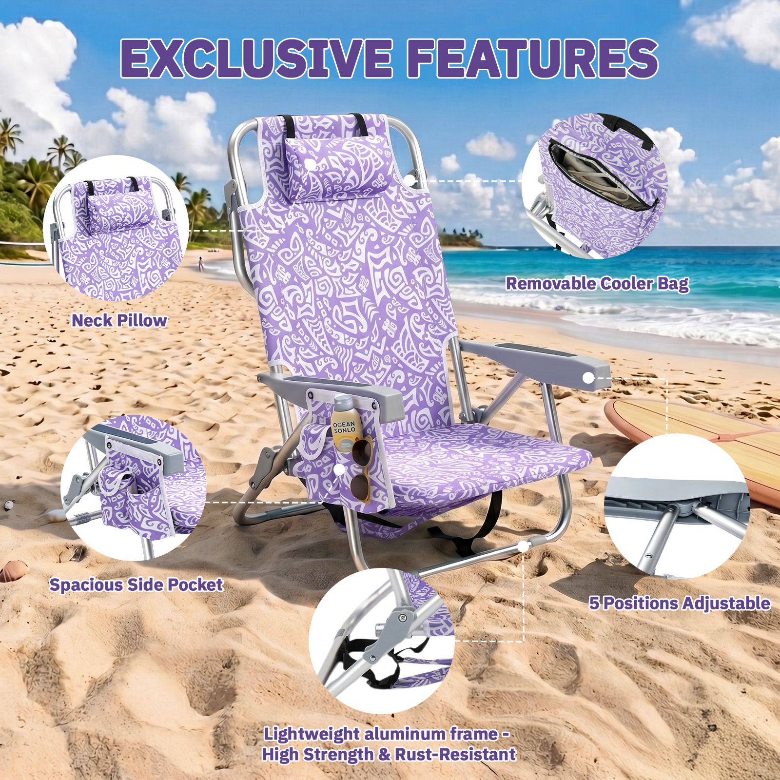 1 PCS Aluminum Beach Chair, 8.5 Inch Seat Height Purple Tribal Pattern, Adjustable Folding Chair with Headrest, Shoulder Strap, 2-in-1 Cup Holder Side Pocket, Back Cooler Bag, Integrated Oxford Fabric