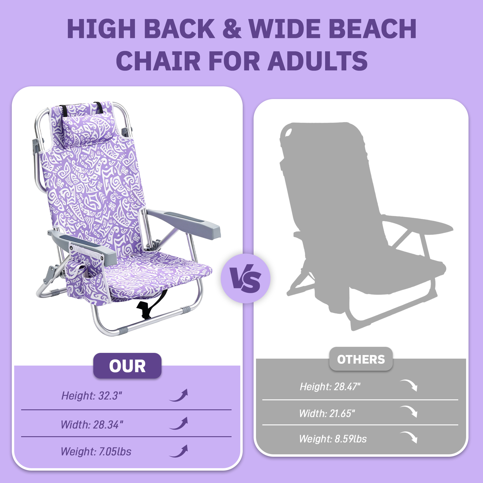 1 PCS Aluminum Beach Chair, 8.5 Inch Seat Height Purple Tribal Pattern, Adjustable Folding Chair with Headrest, Shoulder Strap, 2-in-1 Cup Holder Side Pocket, Back Cooler Bag, Integrated Oxford Fabric