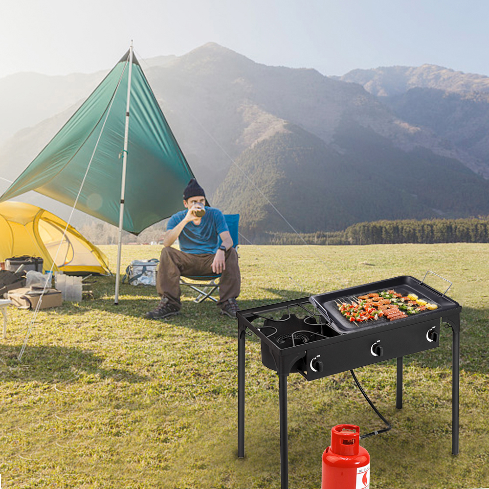 【Replace 15455210】Outdoor Camp Stove High Pressure Propane Gas Cooker Portable Cast Iron Patio Cooking Burner (Three Burner 225000-BTU) image 12