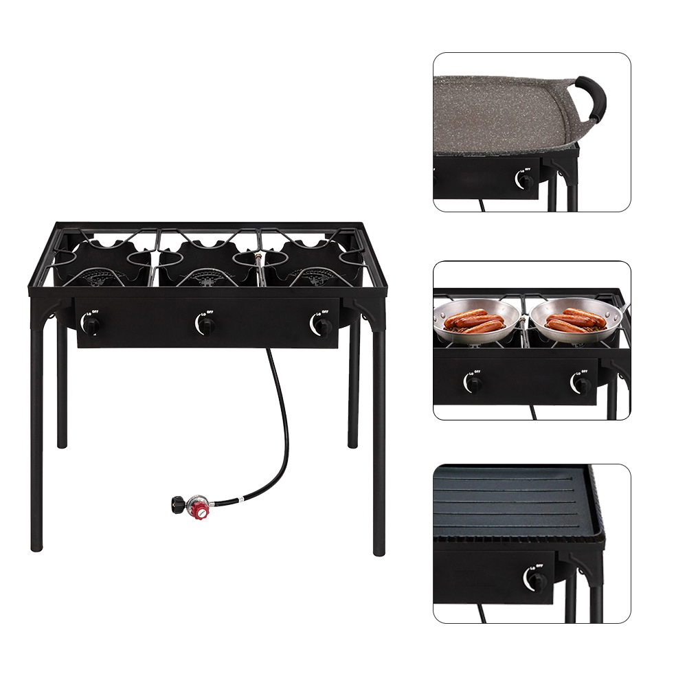 【Replace 15455210】Outdoor Camp Stove High Pressure Propane Gas Cooker Portable Cast Iron Patio Cooking Burner (Three Burner 225000-BTU) image 7
