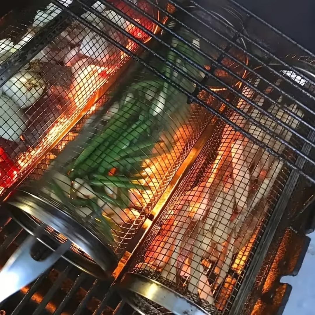 2 extra large outdoor barbecue rolling barbecue baskets Bbq mesh stainless steel large round mesh rotating barbecue tube cages vegetables vegetables vegetables fish meat food picnic cooking accessorie 6