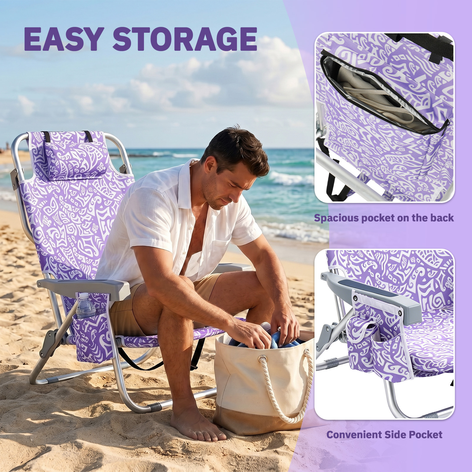 1 PCS Aluminum Beach Chair, 8.5 Inch Seat Height Purple Tribal Pattern, Adjustable Folding Chair with Headrest, Shoulder Strap, 2-in-1 Cup Holder Side Pocket, Back Cooler Bag, Integrated Oxford Fabric